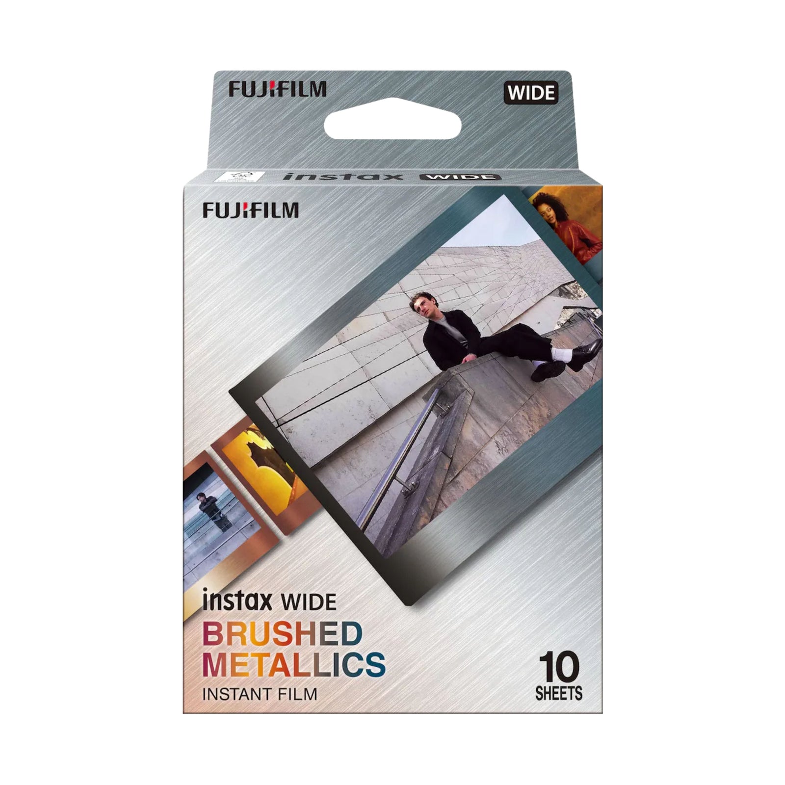 ClubCamera.com Fujifilm Instax WIDE Brushed Metallics film box packaging with colorful lettering and 10 sheets