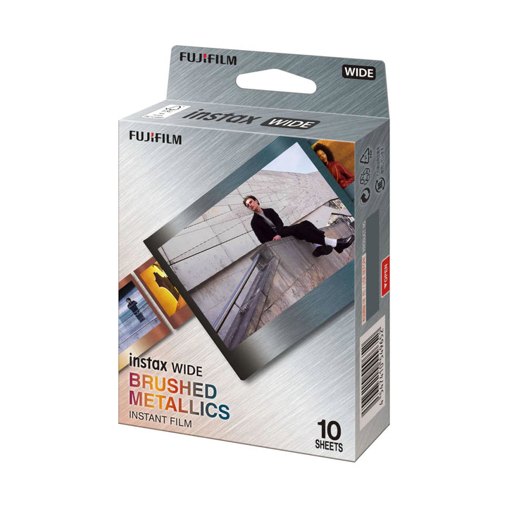 ClubCamera.com Fujifilm Instax WIDE Brushed Metallics film box side view showing barcode and regulatory icons