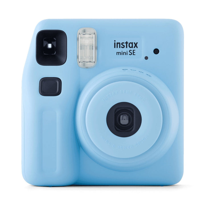 Light blue Fujifilm INSTAX Mini SE front shot with lens and flash from ClubCamera.com