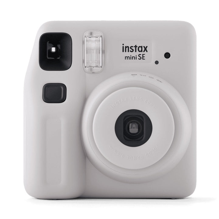 Front view of matte light gray Fujifilm INSTAX Mini SE instant camera with flash and lens details from ClubCamera.com