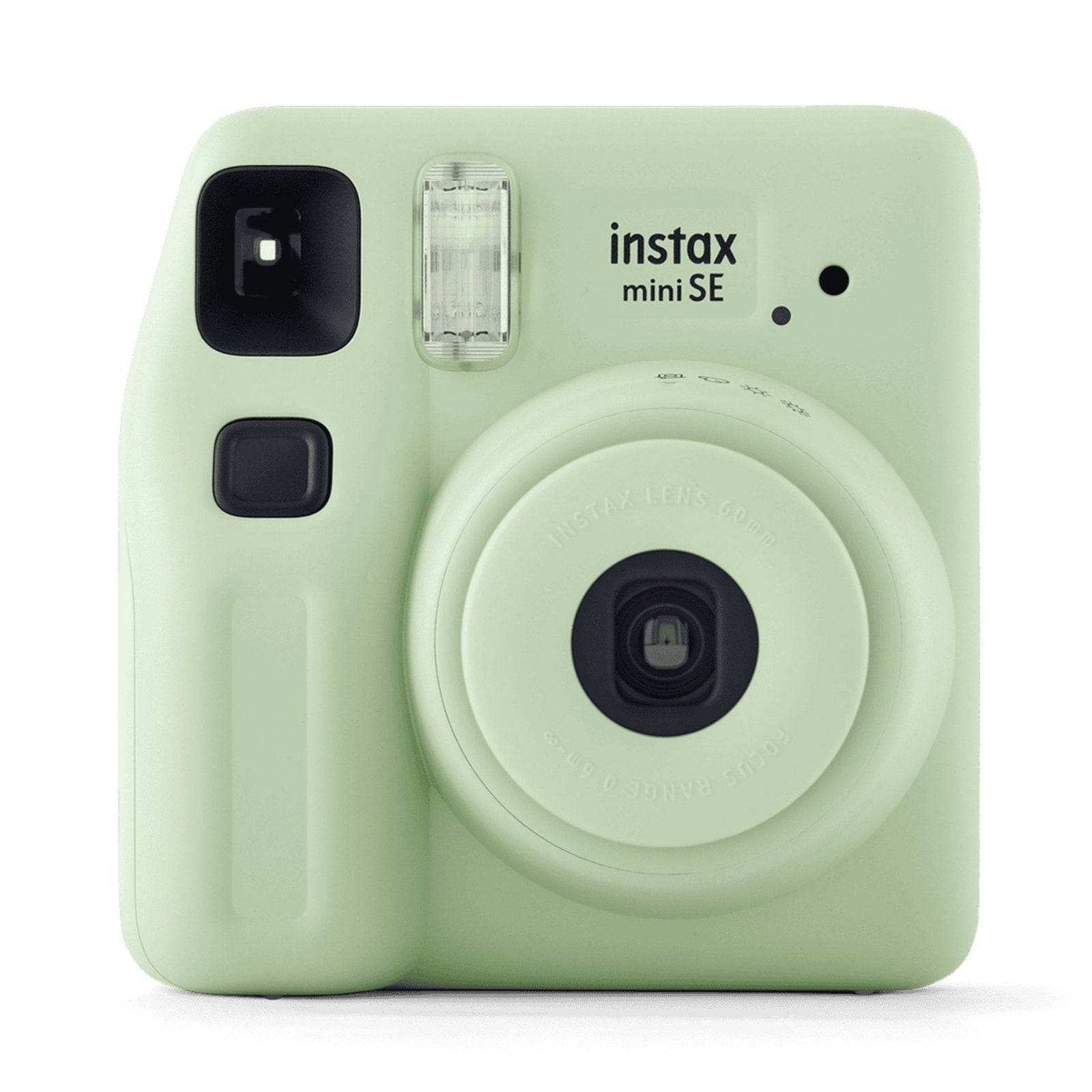 Front shot of Fujifilm INSTAX Mini SE instant camera in light green with lens details and logo by ClubCamera.com