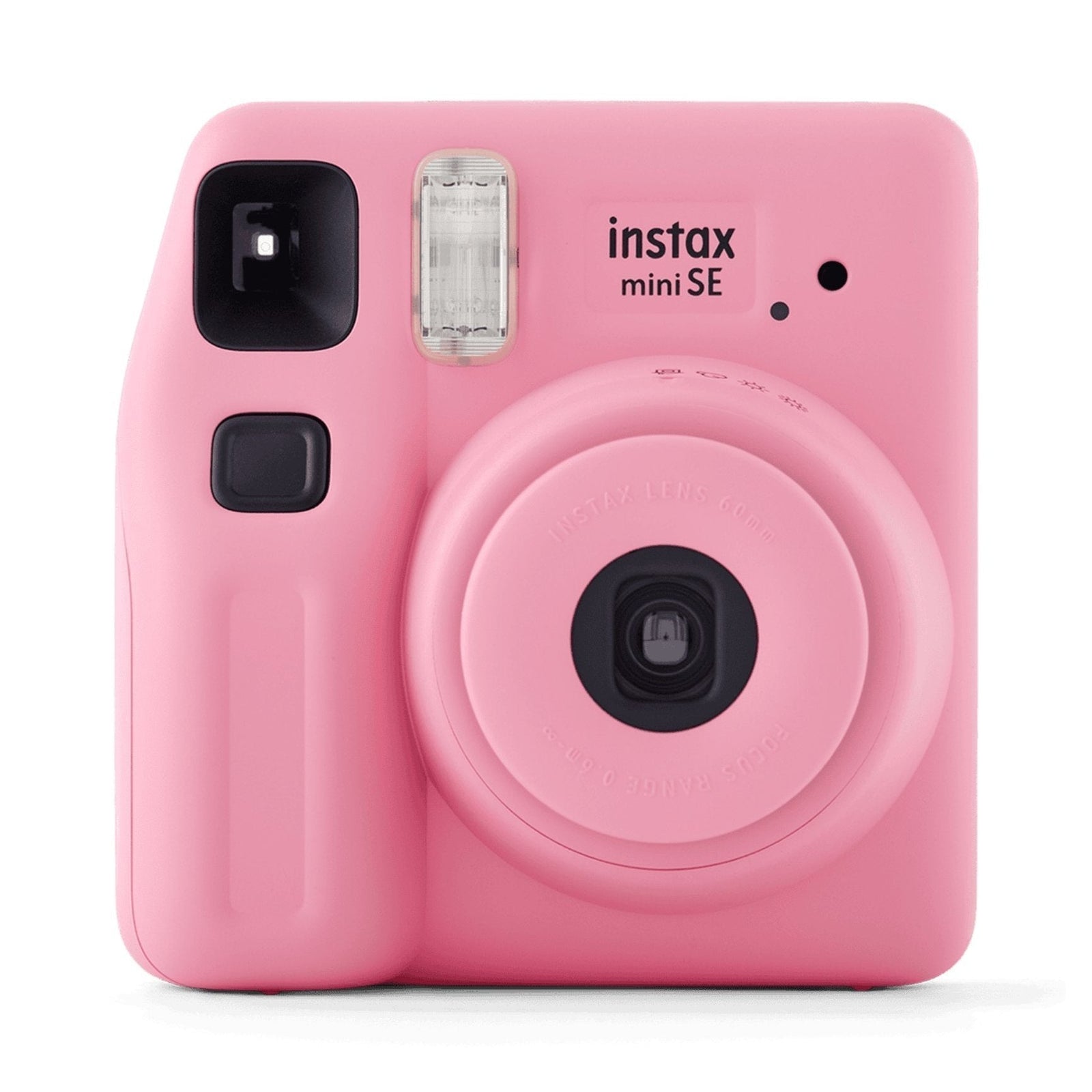Fujifilm INSTAX Mini SE instant camera in matte pastel pink with black viewfinder and flash at ClubCamera.com