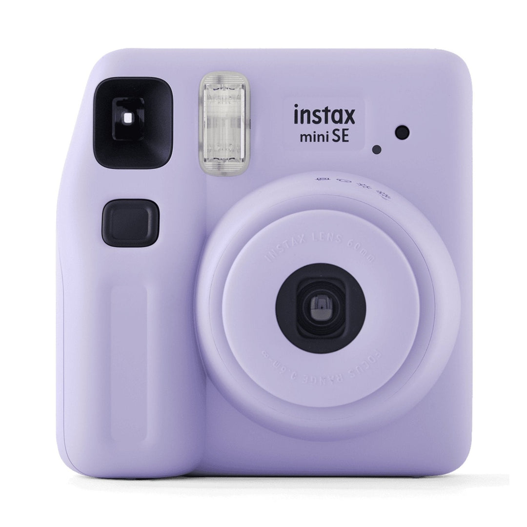 Front shot of Fujifilm INSTAX Mini SE instant camera with white ring lens and branding in lavender purple available at ClubCamera.com