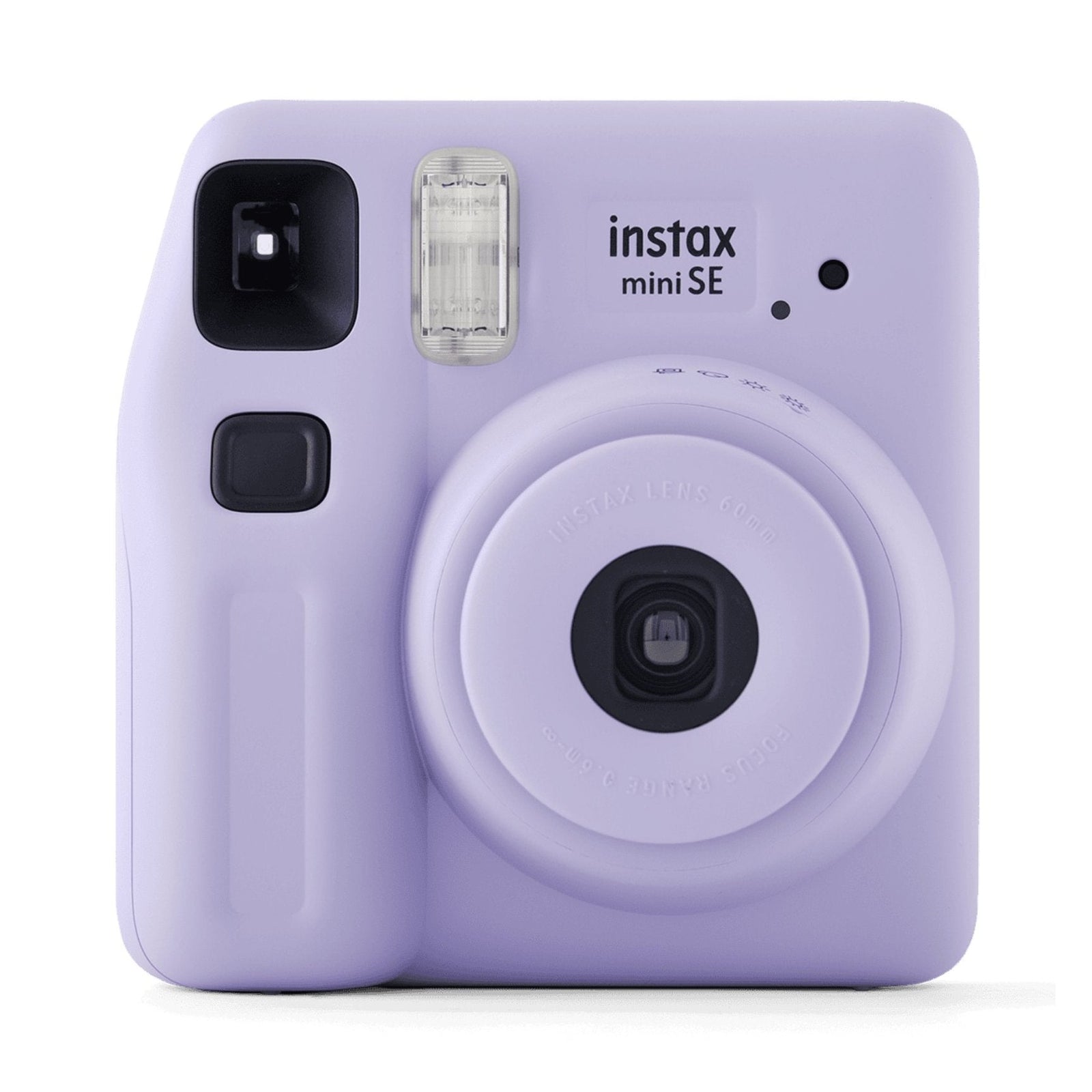Front shot of Fujifilm INSTAX Mini SE instant camera with white ring lens and branding in lavender purple available at ClubCamera.com