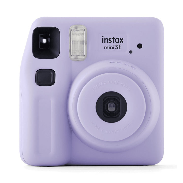 Front shot of Fujifilm INSTAX Mini SE instant camera with white ring lens and branding in lavender purple available at ClubCamera.com