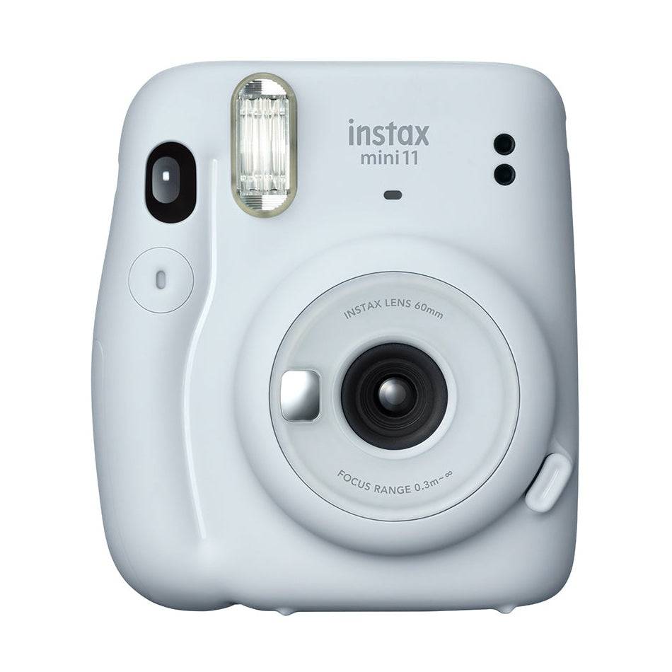 Front studio shot of white Fujifilm Instax Mini 11 instant camera with textured grip at ClubCamera.com