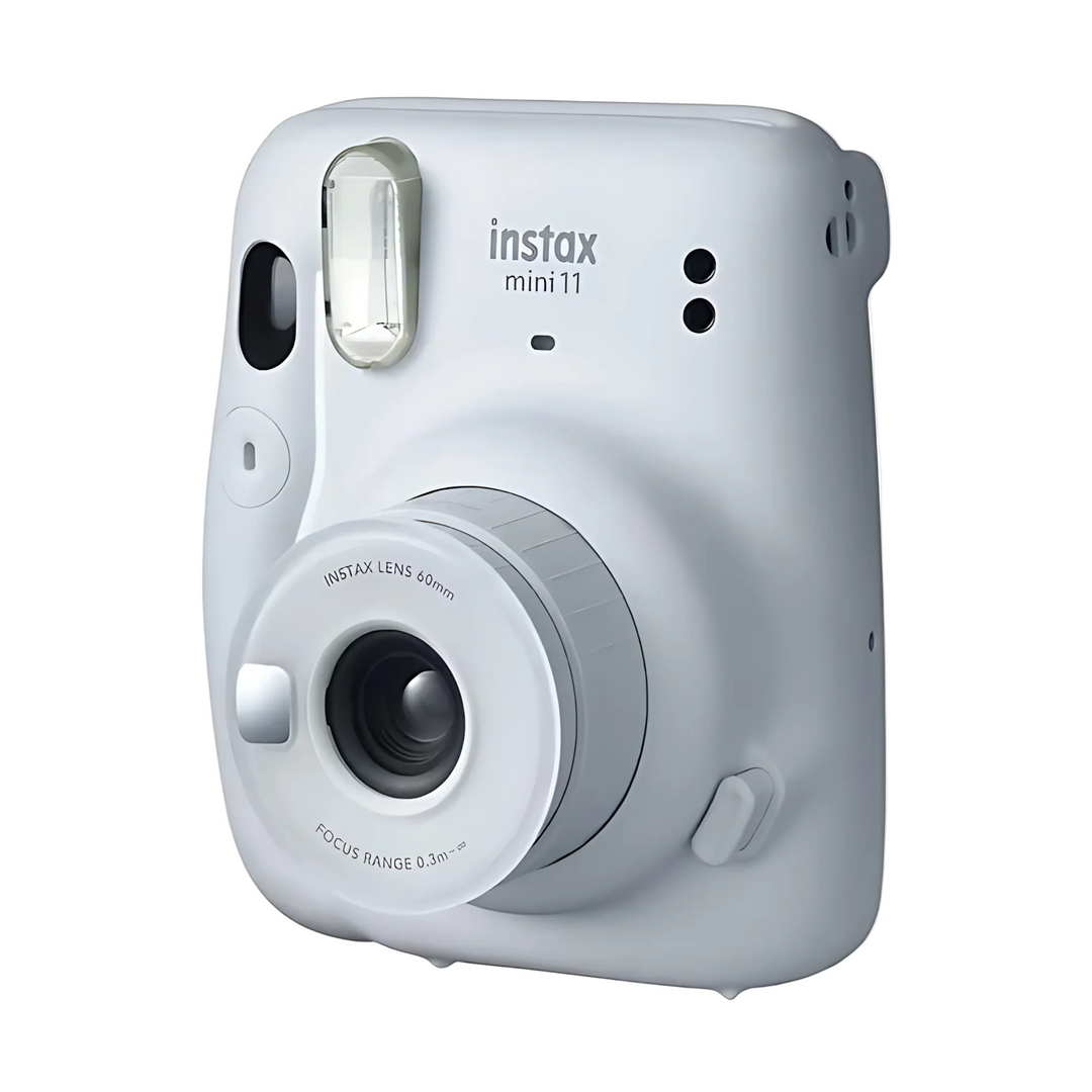 Fujifilm Instax Mini 11 Ice White instant camera front-left view with lens and flash at ClubCamera.com