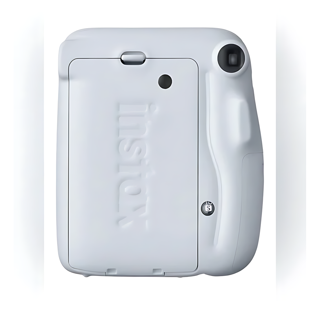 Rear view of Ice White Instax Mini 11 camera showing battery compartment and viewfinder from ClubCamera.com
