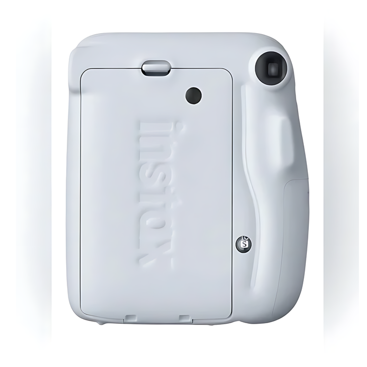 Rear view of Ice White Instax Mini 11 camera showing battery compartment and viewfinder from ClubCamera.com
