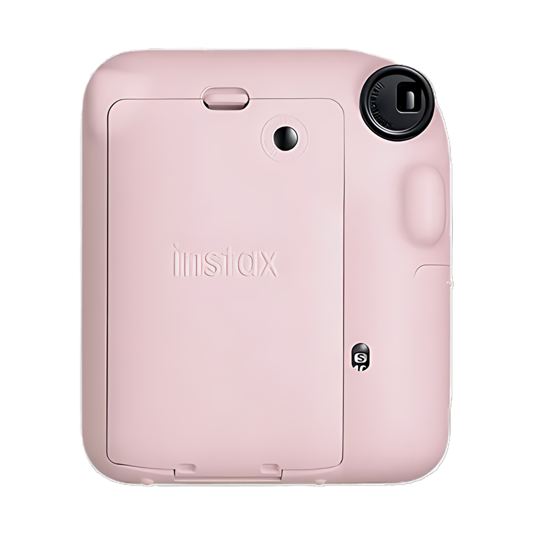 Rear view of Blossom Pink Instax Mini 12 highlighting film eject slot and battery latch sold by ClubCamera.com
