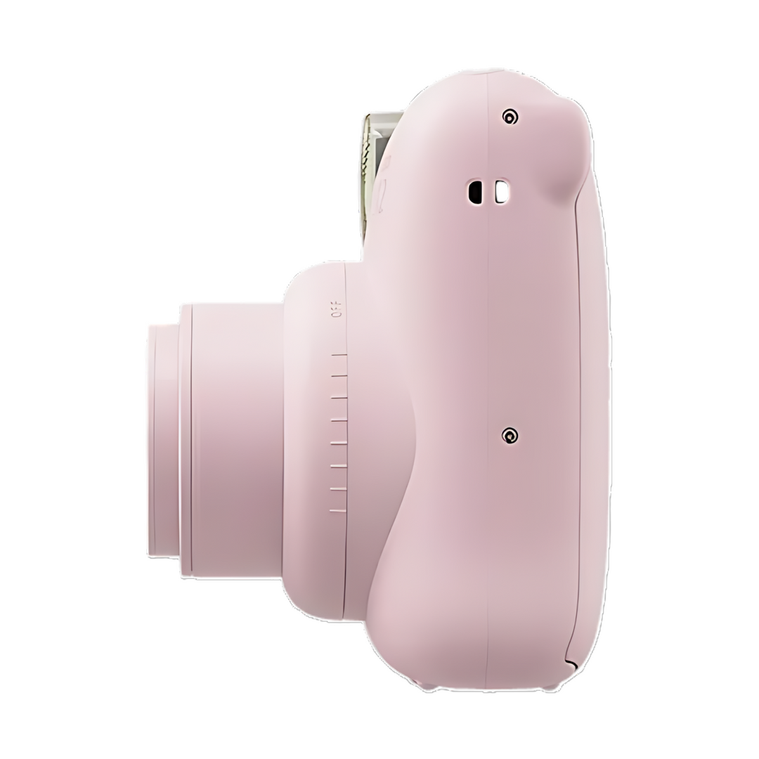 Side profile of Blossom Pink Fujifilm Instax Mini 12 showing ergonomic grip and F/2.0 lens barrel from ClubCamera.com