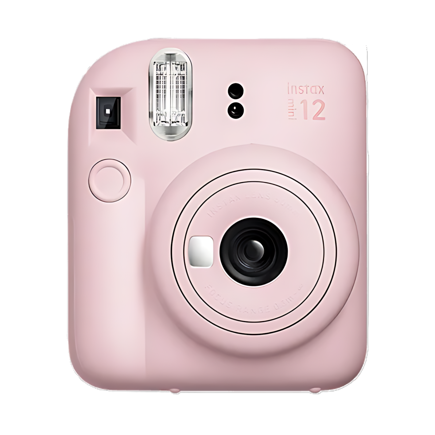 Fujifilm Instax Mini 12 Blossom Pink instant camera front view with lens and flash at ClubCamera.com