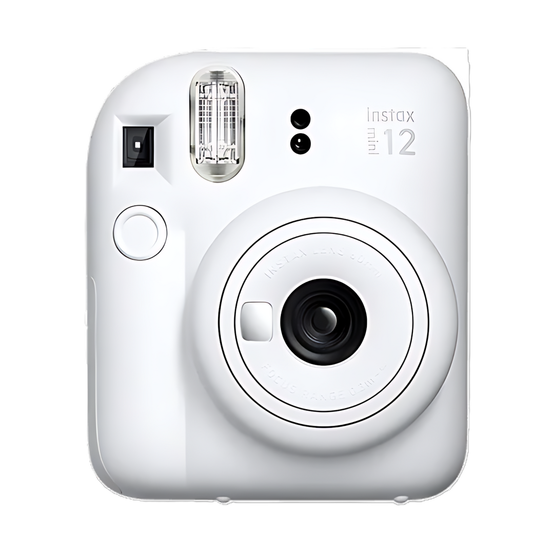 Front shot of Fujifilm Instax Mini 12 Clay White instant camera with flash and viewfinder from ClubCamera.com