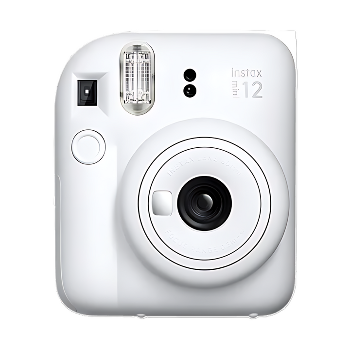 Front shot of Fujifilm Instax Mini 12 Clay White instant camera with flash and viewfinder from ClubCamera.com