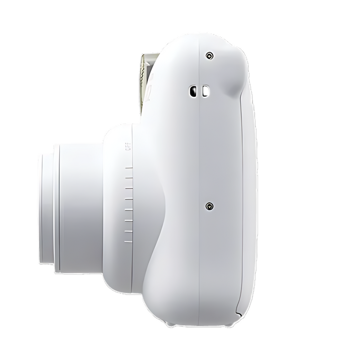 Fujifilm Instax Mini 12 Clay White side profile showing ergonomic grip and twist lens at ClubCamera.com