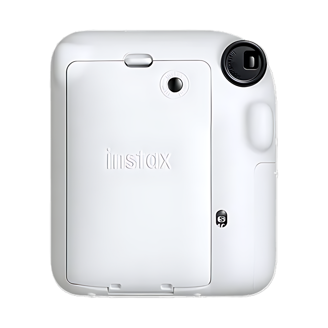 Back view of Instax Mini 12 Clay White with hinged battery door and mode selector at ClubCamera.com