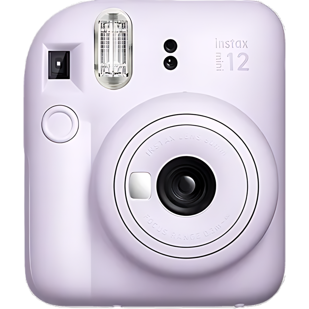 Front shot of Fujifilm Instax Mini 12 lilac purple showing lens assembly and minimalist design at ClubCamera.com