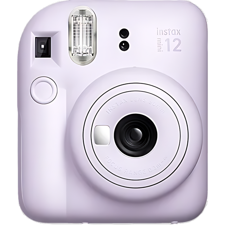 Front shot of Fujifilm Instax Mini 12 lilac purple showing lens assembly and minimalist design at ClubCamera.com