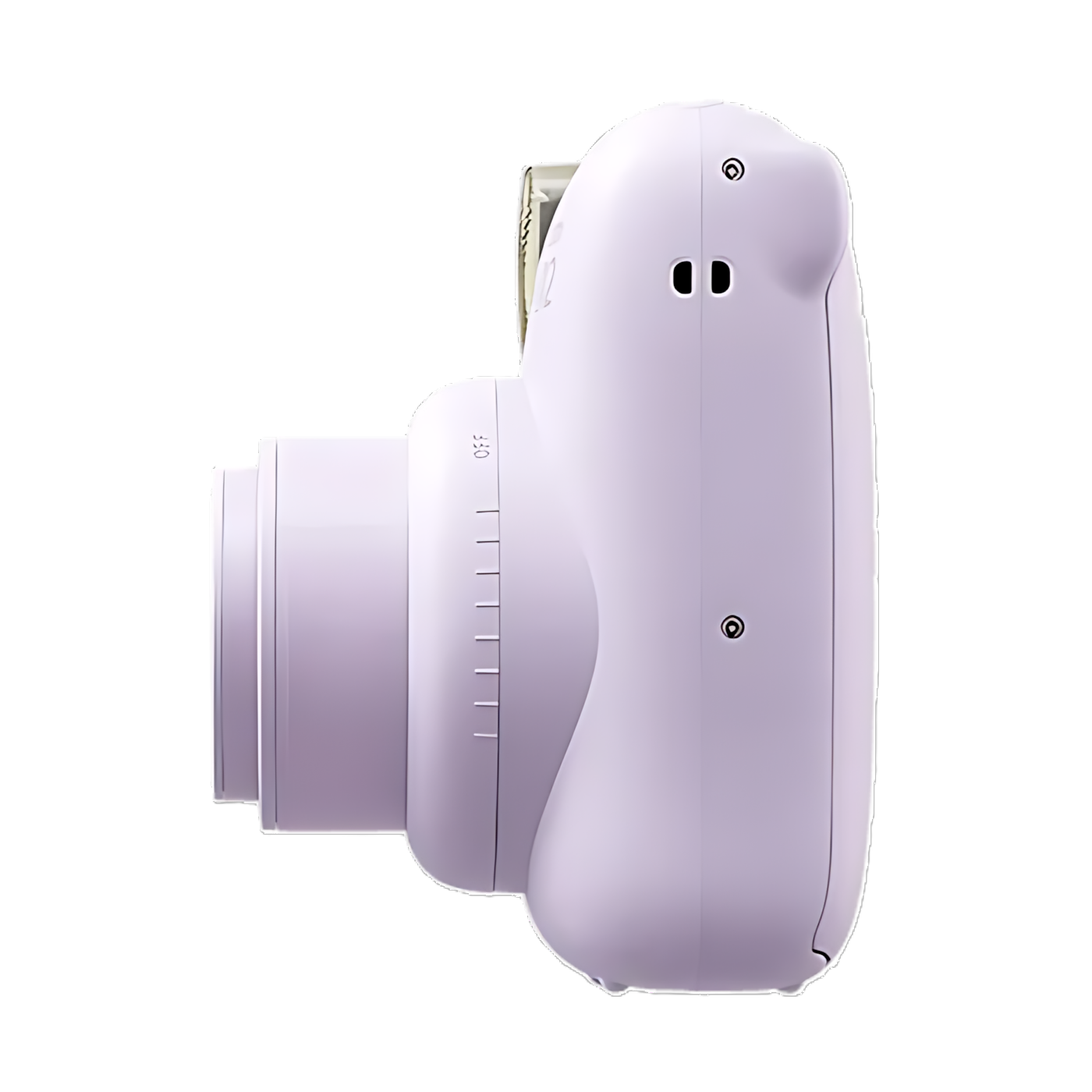 Fujifilm Instax Mini 12 lilac purple side profile with textured grip and silver film slot at ClubCamera.com