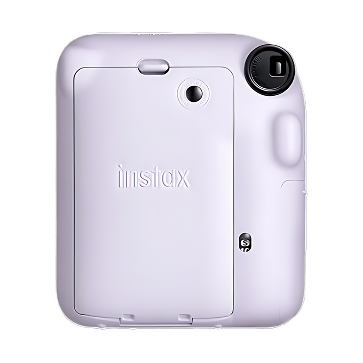 Rear view of lilac purple Instax Mini 12 instant camera with embossed logo and AUTO flash at ClubCamera.com