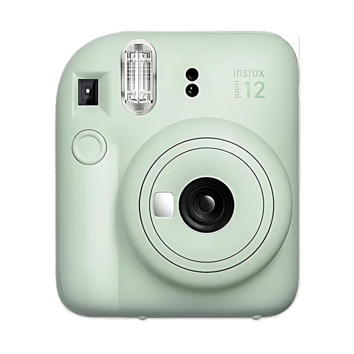 Front shot of Fujifilm Instax Mini 12 instant camera in matte mint green with lens and shutter button from ClubCamera.com
