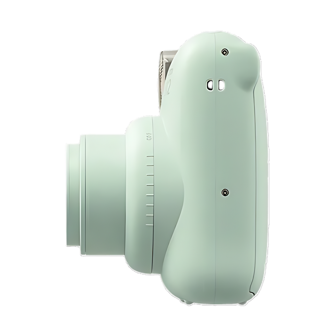 Side profile of mint green Fujifilm Instax Mini 12 showing ergonomic grip and lens barrel at ClubCamera.com