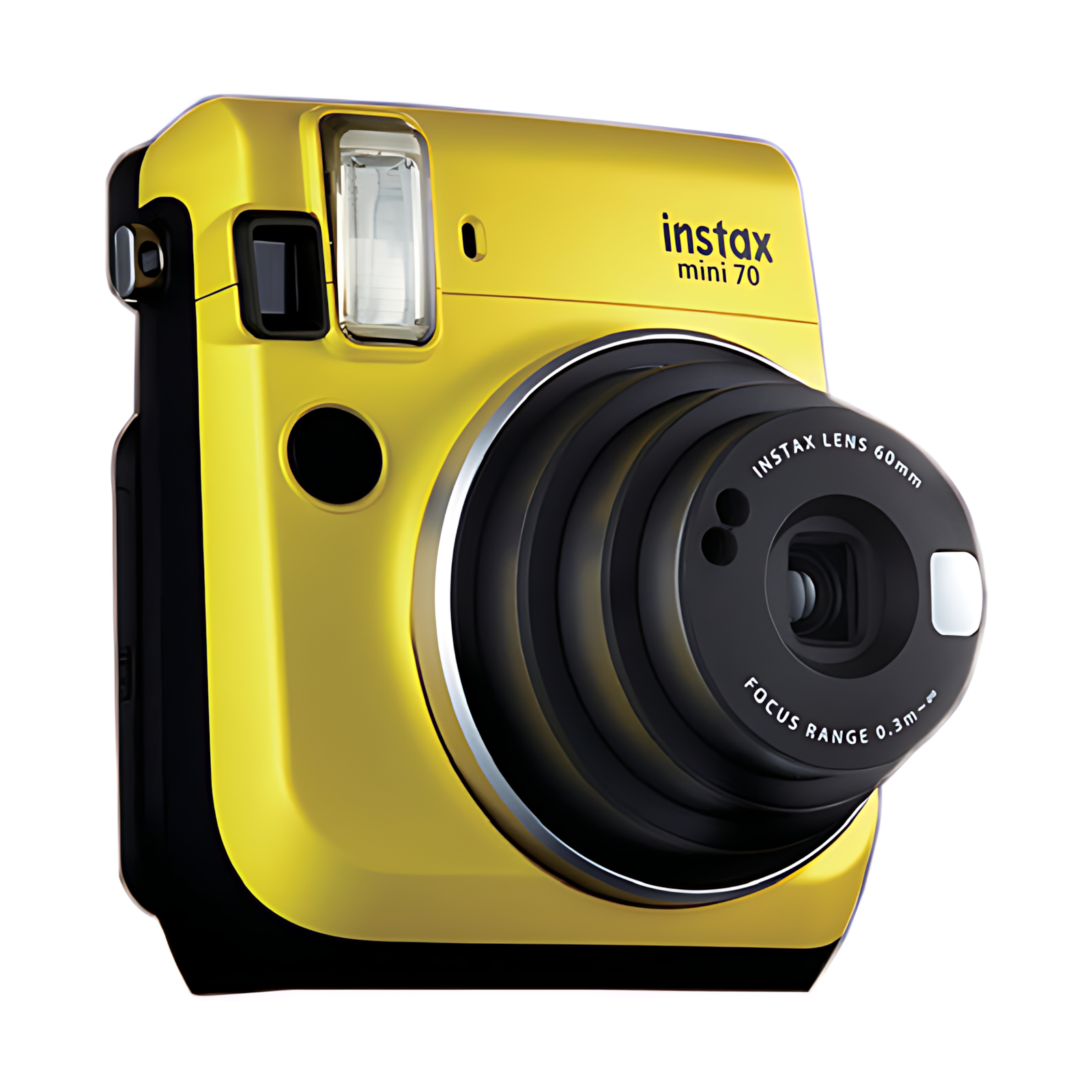 Side view of compact Fujifilm INSTAX Mini 70 yellow instant camera with ergonomic contours from ClubCamera.com