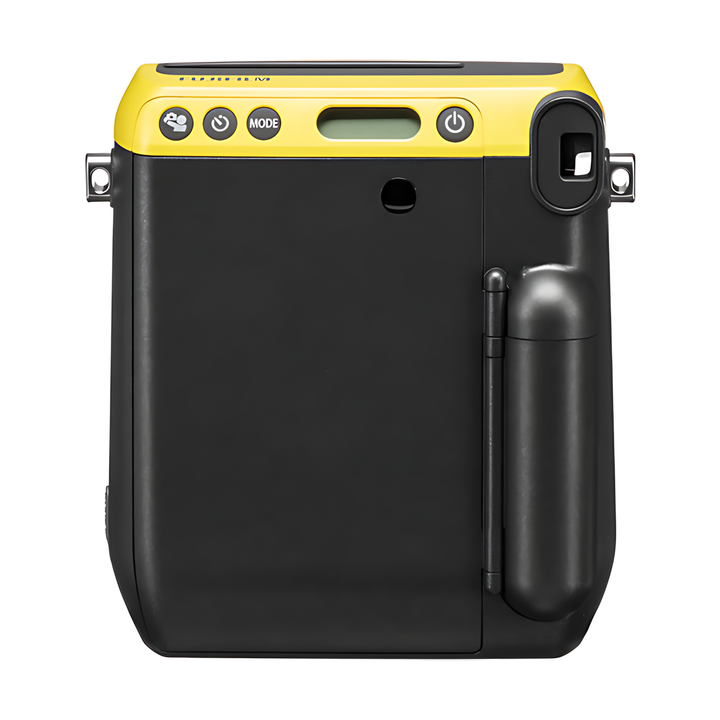 Rear view of yellow Fujifilm INSTAX Mini 70 showing film eject slot and selfie mode buttons at ClubCamera.com