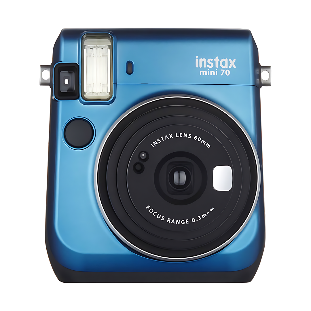 Fujifilm INSTAX Mini 70 Island Blue instant camera with glossy metallic finish and black accents at ClubCamera.com