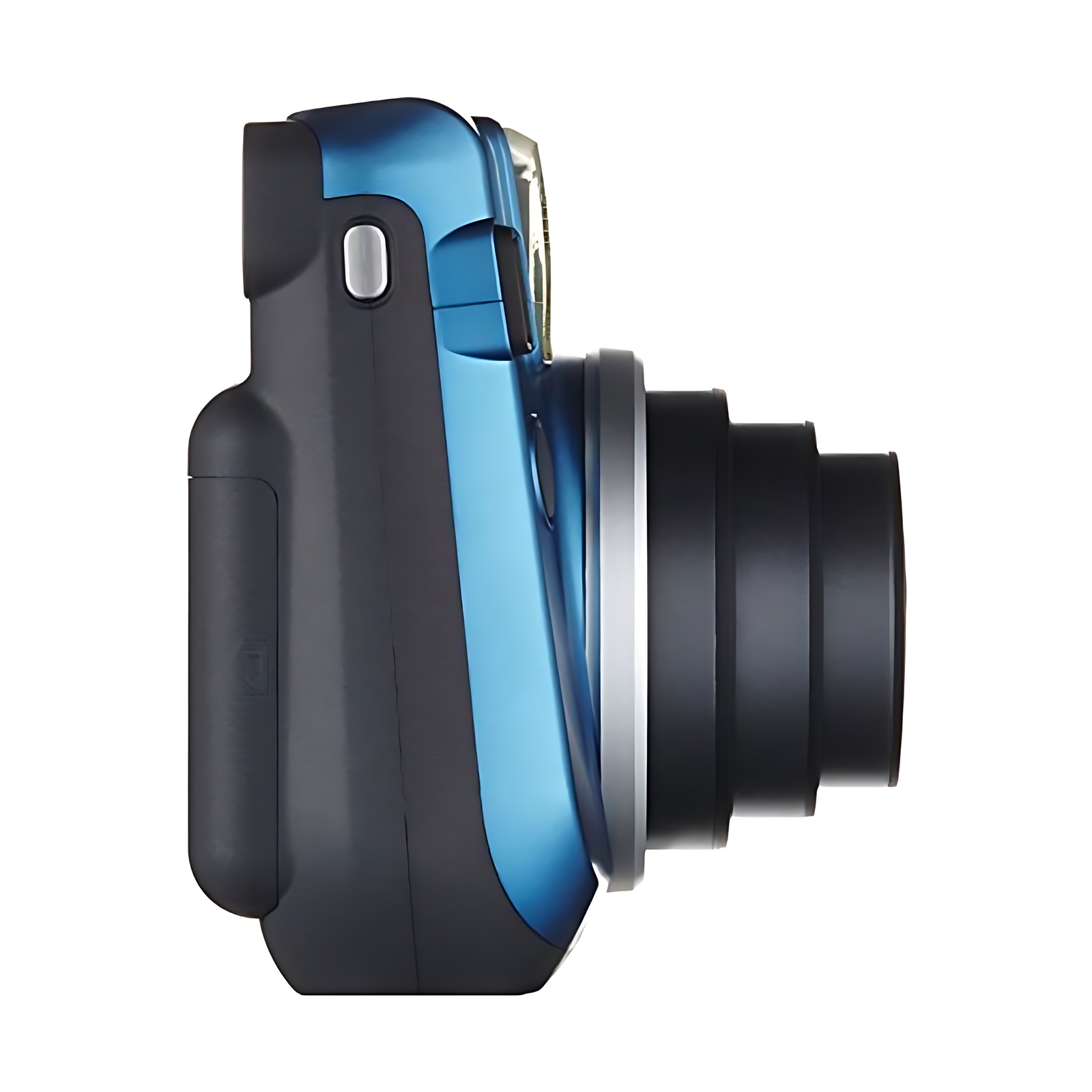 Side profile of compact Fujifilm INSTAX Mini 70 in Island Blue highlighting slim glossy blue body and silver shutter button