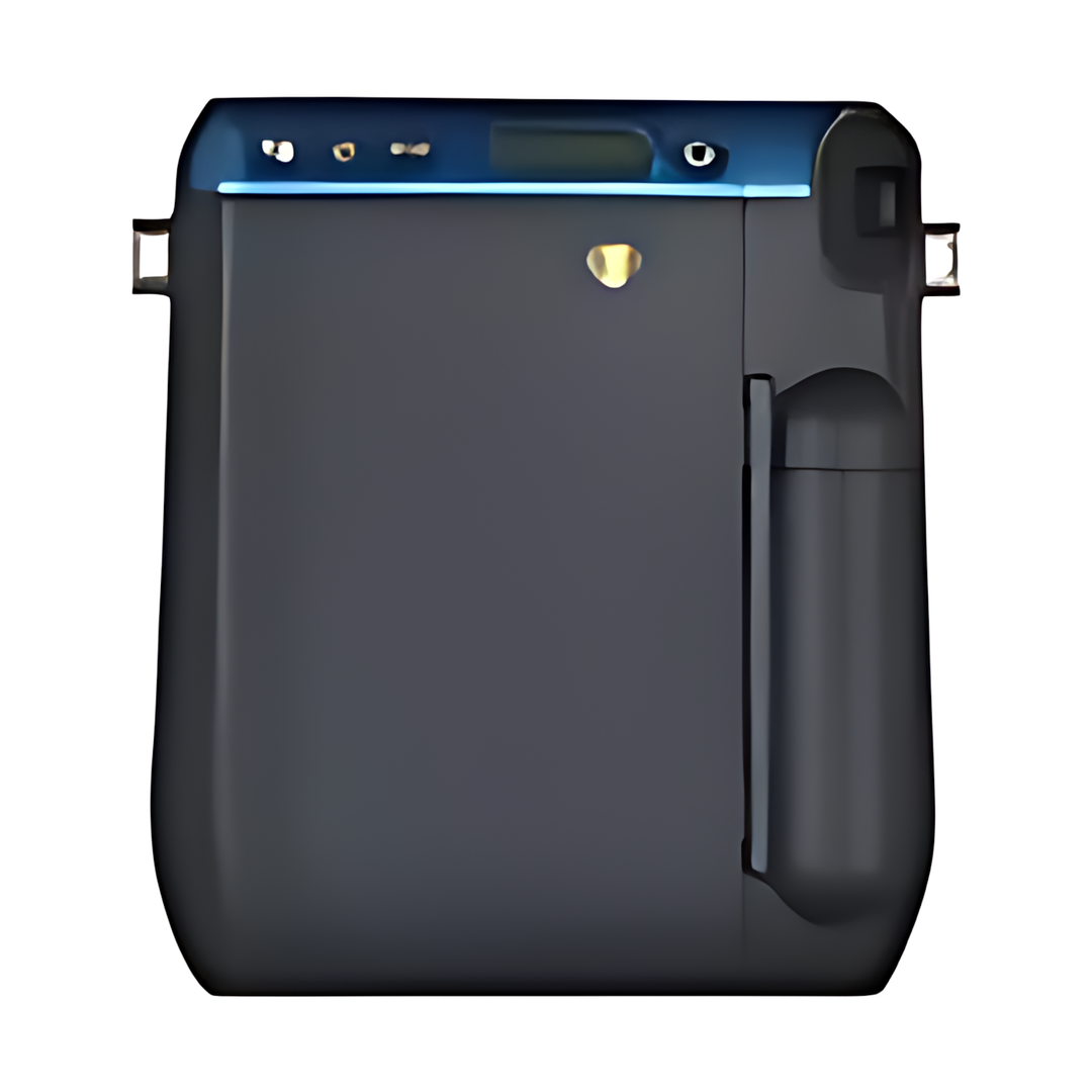 Rear view of Fujifilm INSTAX Mini 70 Island Blue showing matte gray back panel, gold logo, and ergonomic grip handle