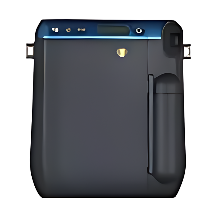 Rear view of Fujifilm INSTAX Mini 70 Island Blue showing matte gray back panel, gold logo, and ergonomic grip handle