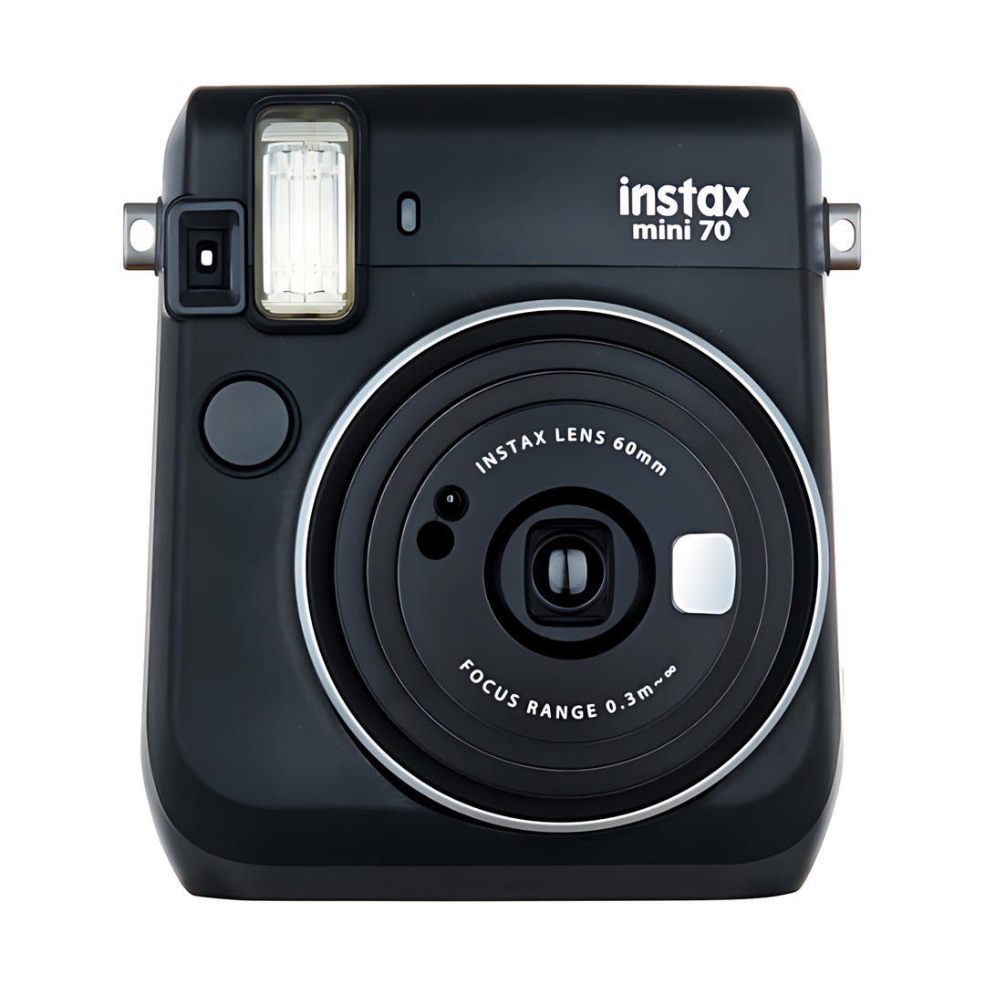 Fujifilm INSTAX Mini 70 Midnight Black front shot showing lens and branding from ClubCamera.com