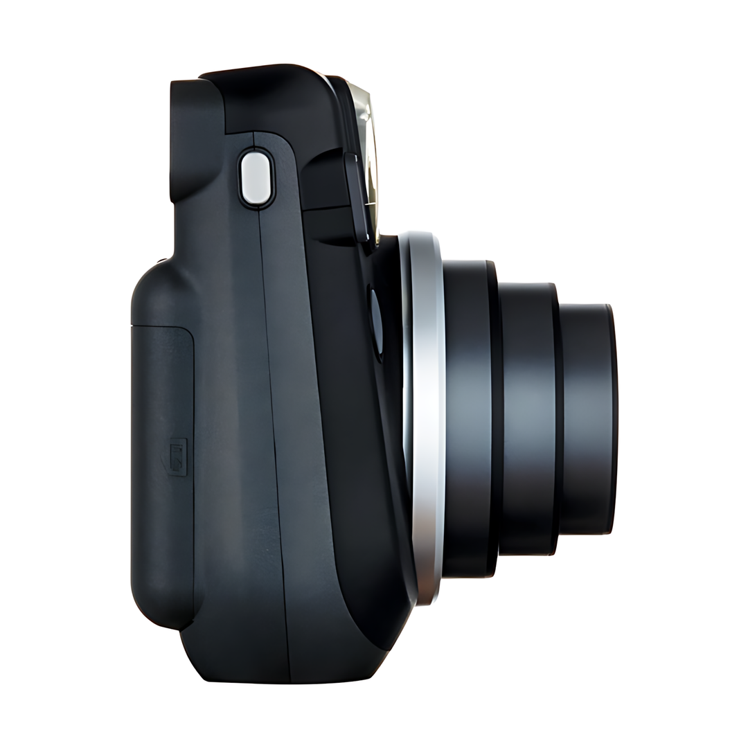 Side profile of Fujifilm INSTAX Mini 70 Midnight Black compact instant camera at ClubCamera.com