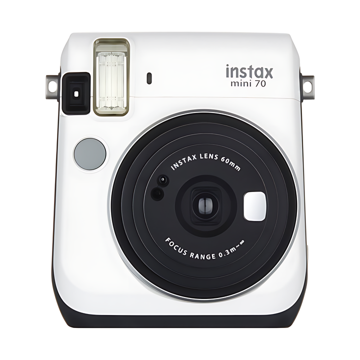 Fujifilm INSTAX Mini 70 Moon White instant camera with glossy white finish and black lens by ClubCamera.com