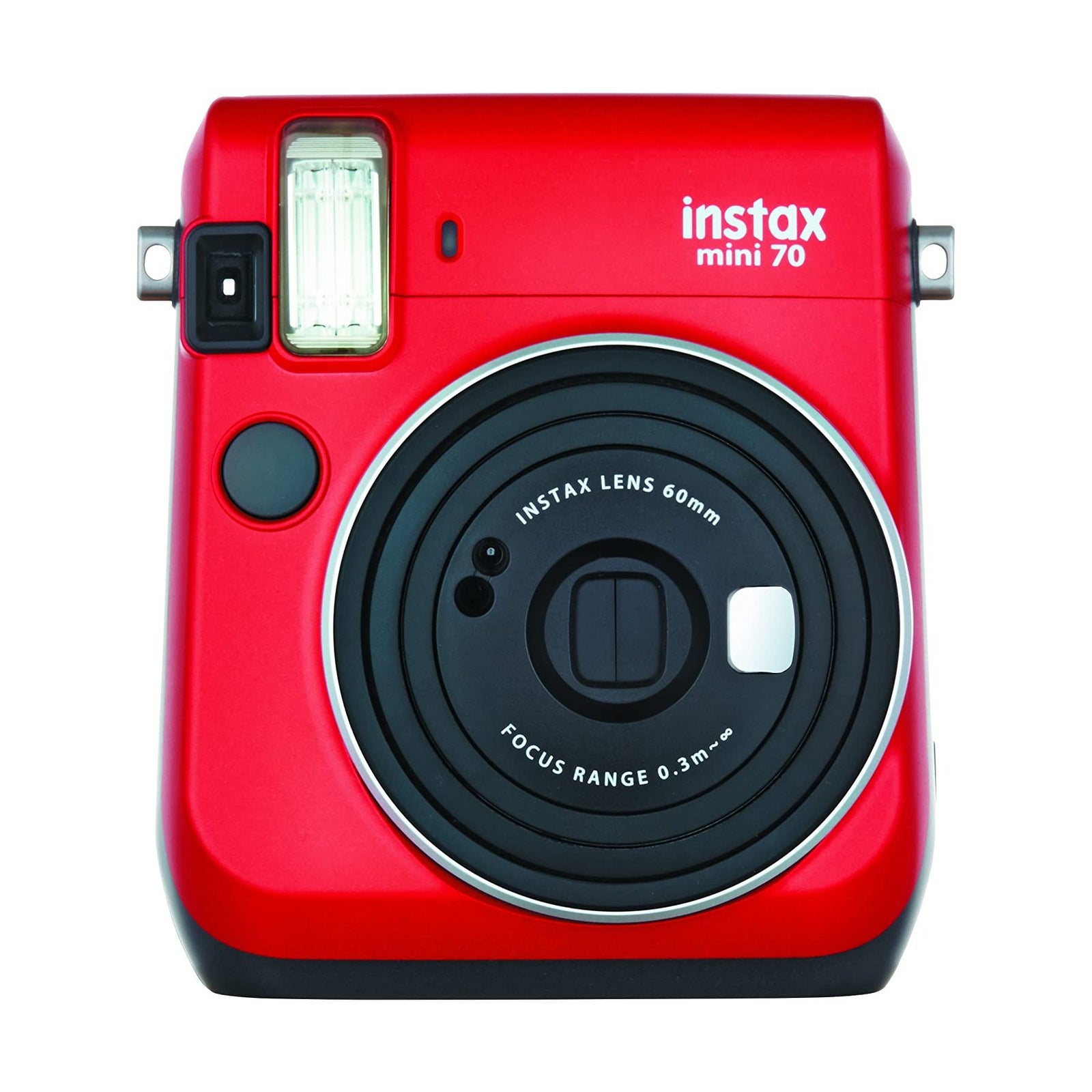 Frontal shot of Fujifilm INSTAX Mini 70 instant camera in vibrant Passion Red with white branding and flash detail from ClubCamera.com