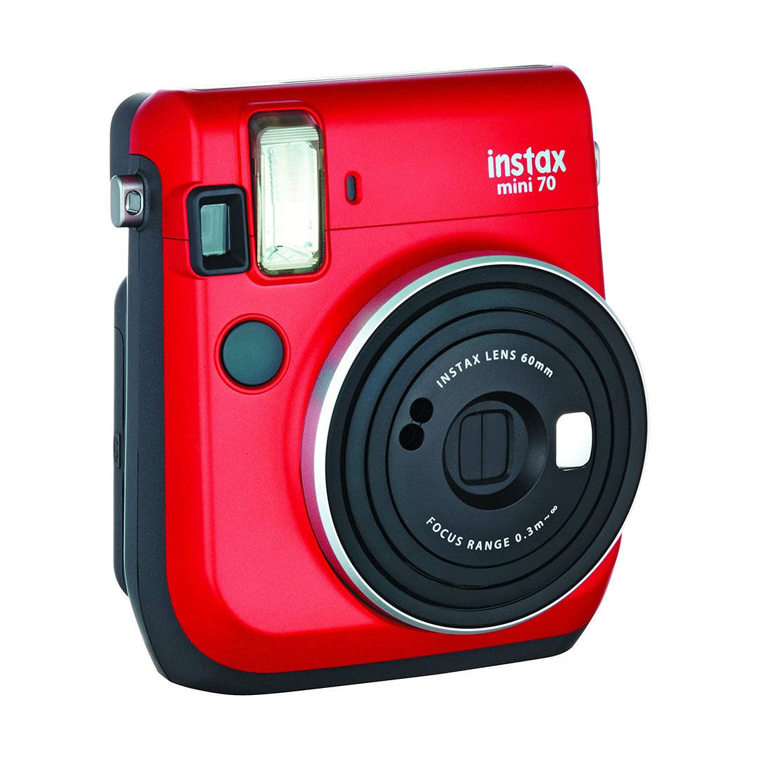 Fujifilm INSTAX Mini 70 instant camera in Passion Red with glossy finish and silver lens ring at ClubCamera.com