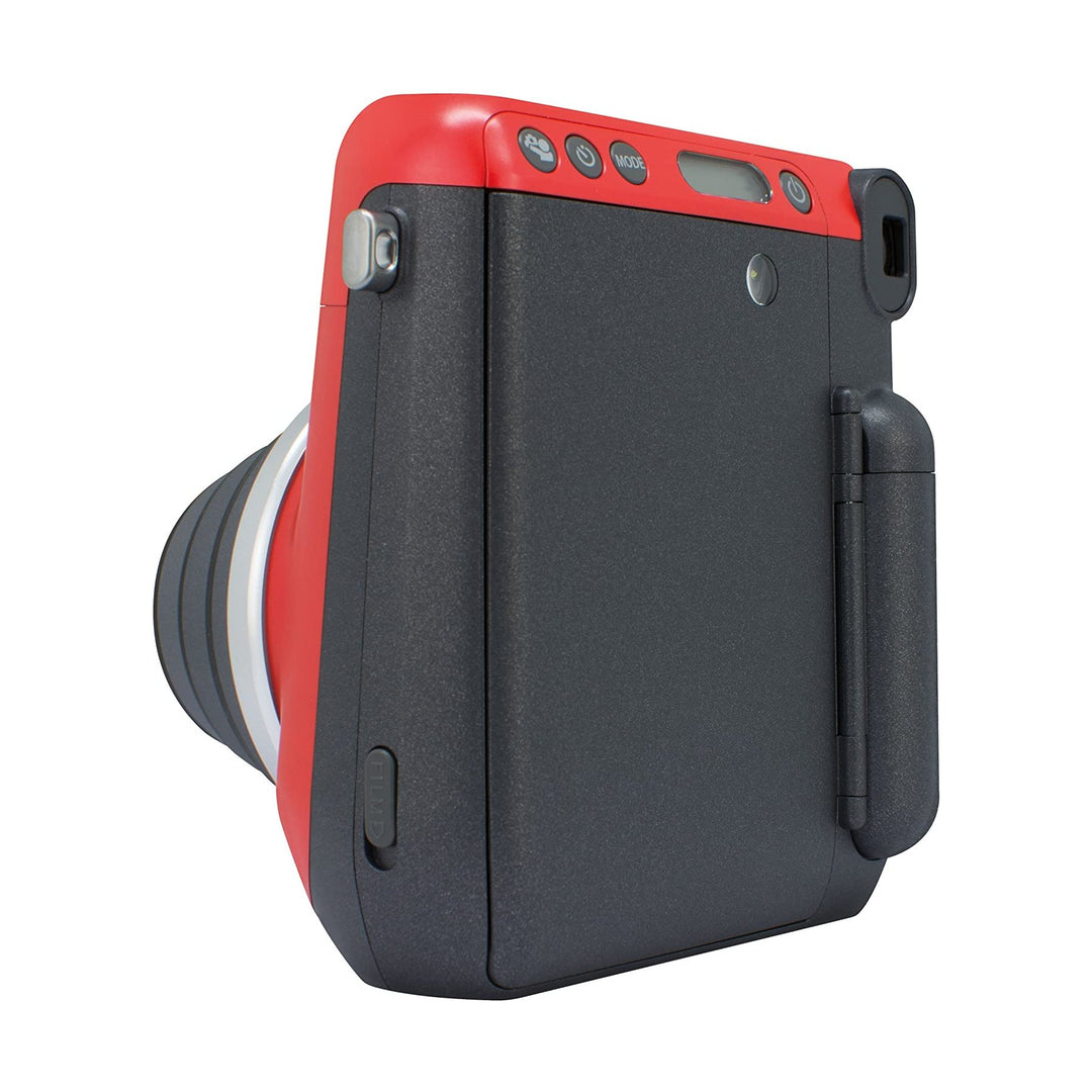 Side view of Fujifilm INSTAX Mini 70 red instant camera showing matte black grip, LCD screen, and control buttons from ClubCamera.com