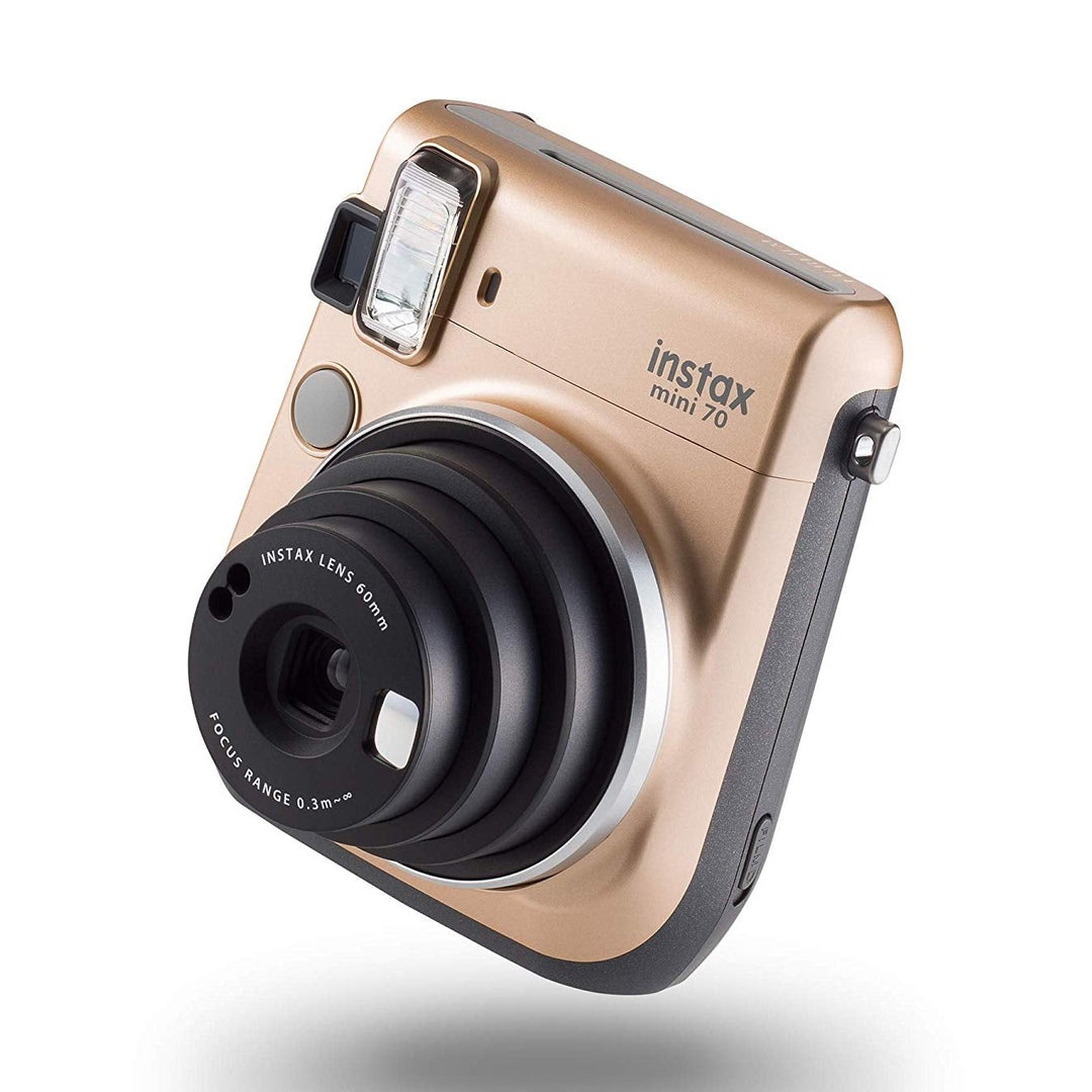 Compact Stardust Gold Fujifilm INSTAX Mini 70 instant camera with extended lens by ClubCamera.com