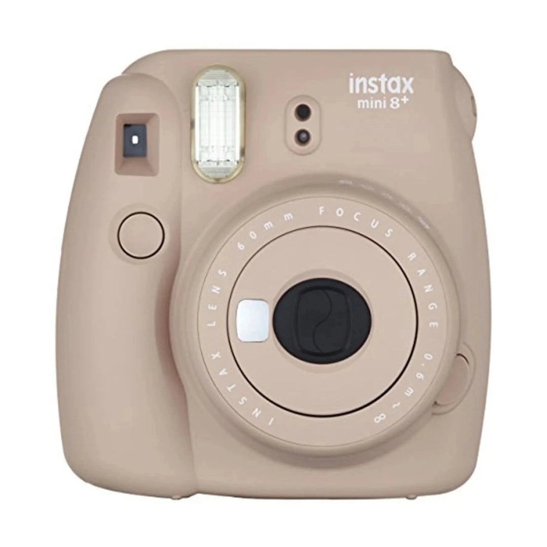 Front view of cocoa Fujifilm Instax Mini 8+ instant camera with 60mm lens and flash at ClubCamera.com