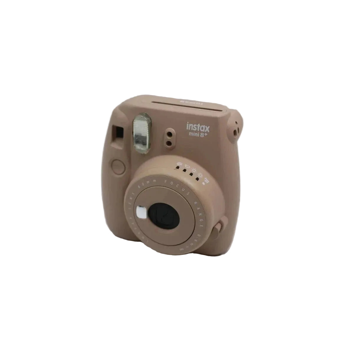 Three-quarter angle of cocoa matte Fujifilm Instax Mini 8+ instant camera with focus dial at ClubCamera.com