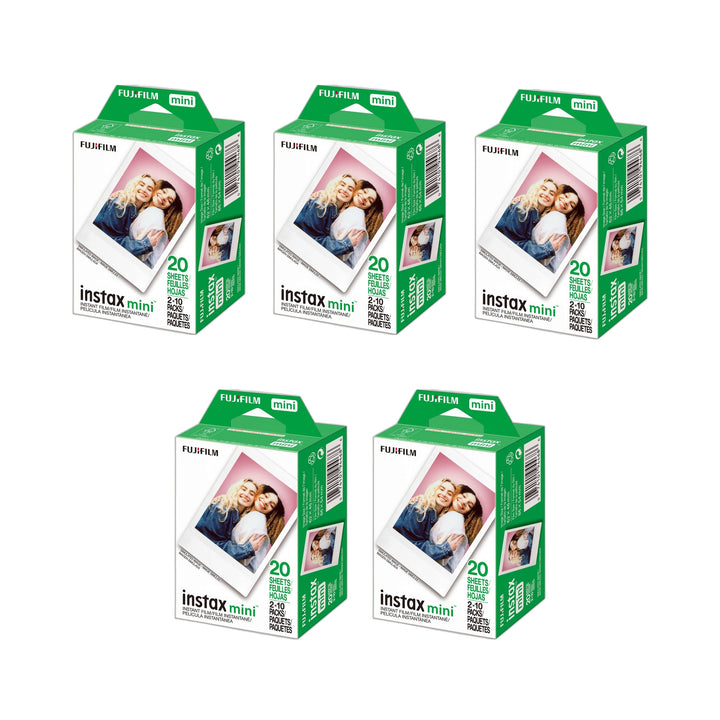 ClubCamera.com bulk display of five Fujifilm Instax Mini film twin packs showing white border instant prints