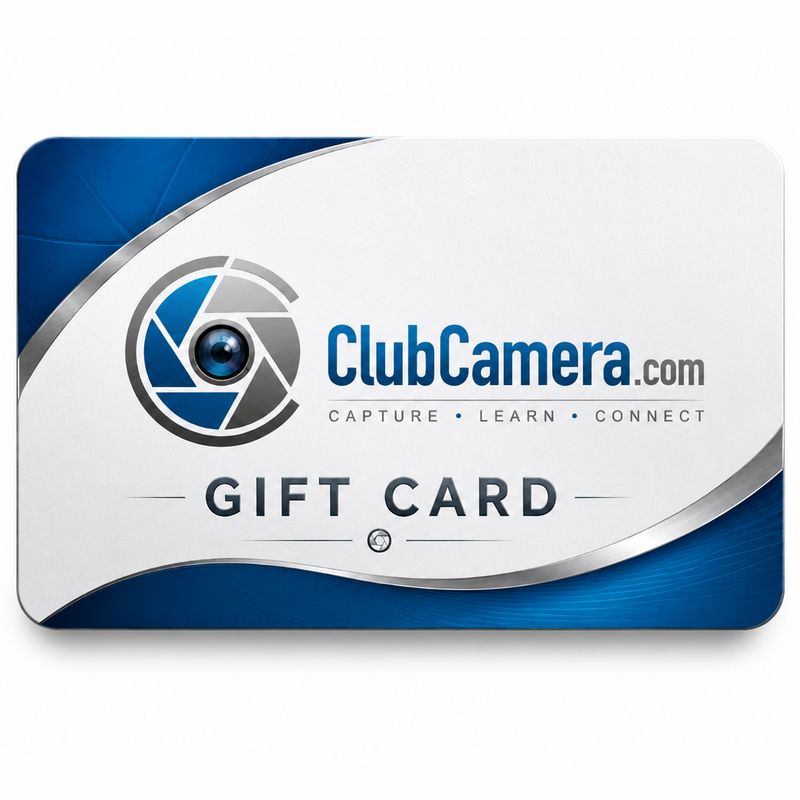 ClubCamera.com gift card with blue wave accents and camera aperture logo