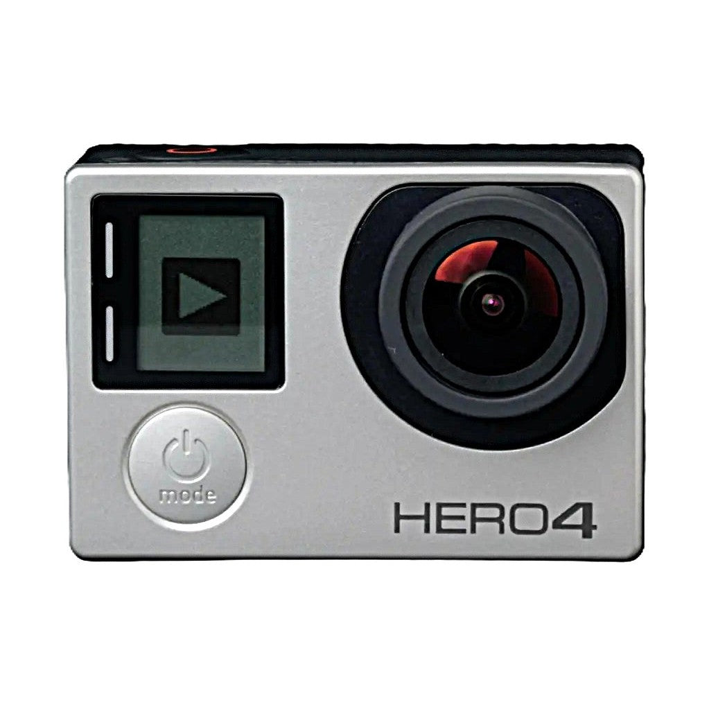 GoPro HERO4 Silver Edition action camera front view with silver aluminum body and red-tinted lens at ClubCamera.com