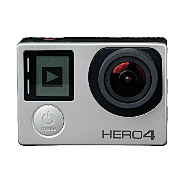 GoPro HERO4 Silver Edition action camera front view with silver aluminum body and red-tinted lens at ClubCamera.com