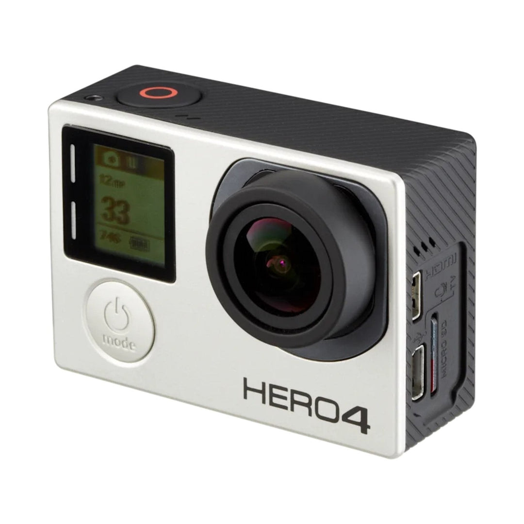 GoPro HERO4 Silver Edition side profile highlighting HDMI and Micro SD ports with rainbow lens reflections at ClubCamera.com