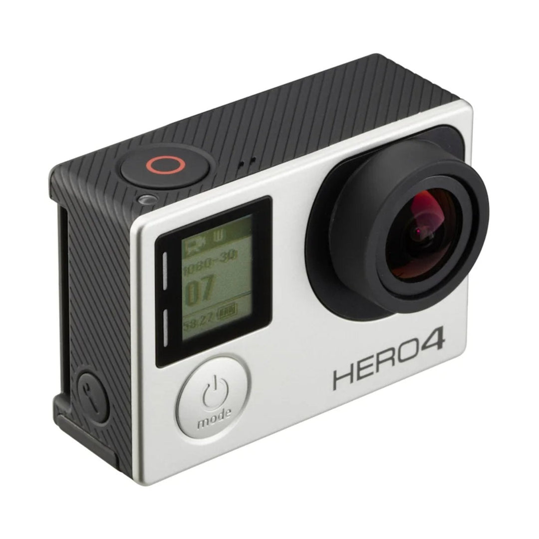 GoPro HERO4 Silver Edition three-quarter angle showing textured black grip and green LCD display at ClubCamera.com