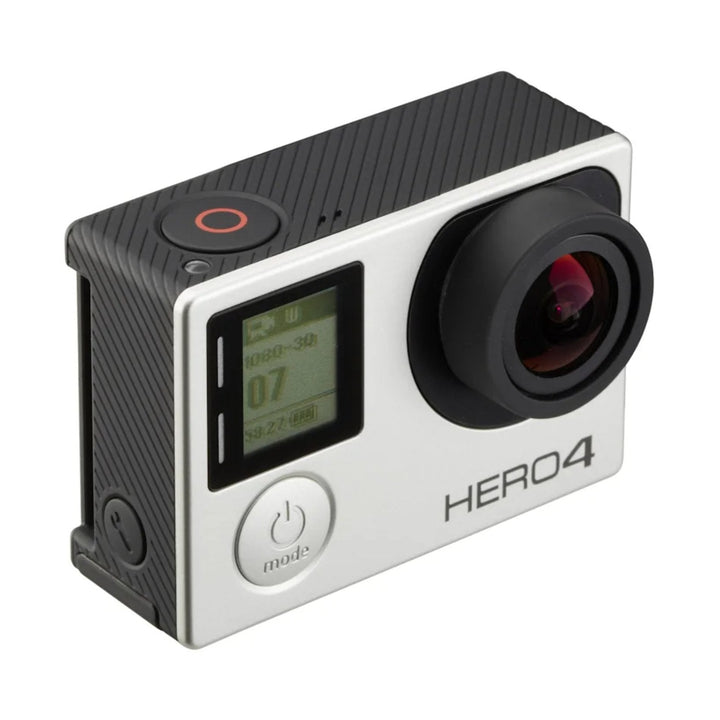 GoPro HERO4 Silver Edition three-quarter angle showing textured black grip and green LCD display at ClubCamera.com