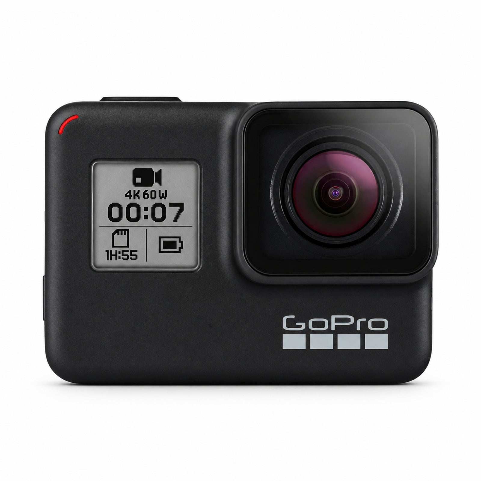 GoPro HERO7 Black front view showing active 4K recording screen, purple-tinted lens, and silver GoPro logo at ClubCamera.com