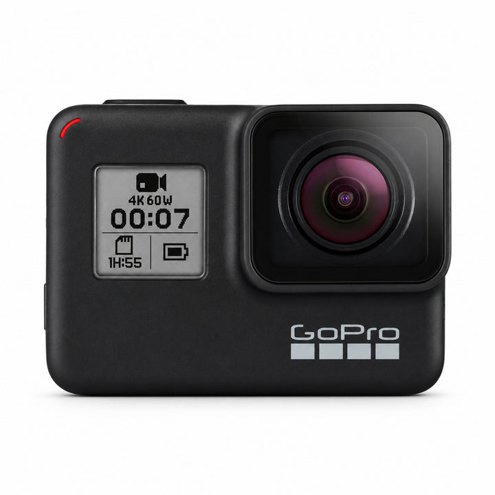 GoPro HERO7 Black front view showing active 4K recording screen, purple-tinted lens, and silver GoPro logo at ClubCamera.com
